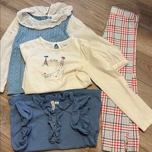 Girls' Blue and White Outfit Set with Plaid Pants